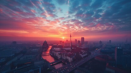 Dawn breaks over Berlin, soft pastels, wide angle for a peaceful city skyline wallpaper , photographic style