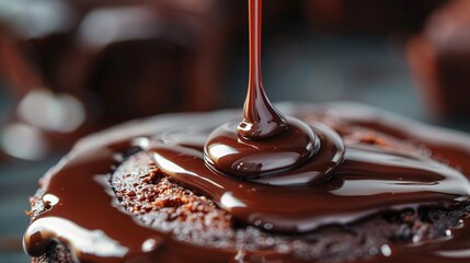 Close-up view of molten chocolate elegantly pouring down from a cake's top, isolated on a...