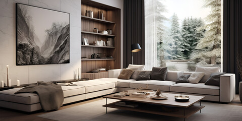 Innenarchitektur des wohnzimmers in luxuriöser wohnarchitektur mit elegantem luxusstil, modernem haus, moderner, 