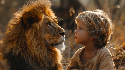 Young Boy Sitting Next to Lion © Ilugram