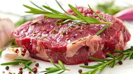 Fresh red raw rib eye beef steak with rosemary leaves. AI generated image