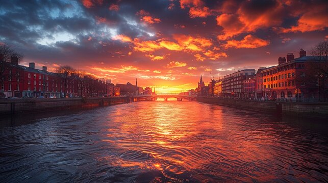 Dublins River Liffey at sunset, historic bridges, wide angle, golden light for cozy wallpaper , photographic style