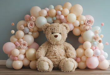 Teddy Bear Celebration Balloon Arch Floral Photography Backdrop Background - obrazy, fototapety, plakaty