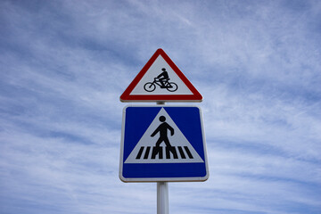 Pedestrian Crossing Sign and Bike Riding Sign - 770942667