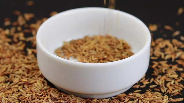 Cumin falling on a white ceramic bowl on a black background
