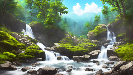 Summer landscape with waterfalls among rocks in the forest on a sunny day