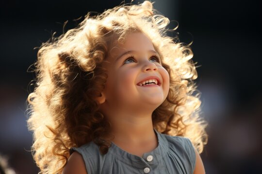 Beautiful smiling little girl portrait under the bright sunlight on a warm summer day