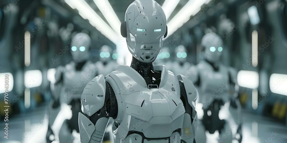 Poster a group of robots collaborating in a futuristic factory setting showcasing advanced manufacturing te