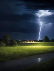 Fotobehang A thunderstorm at night, lightning illuminates a valley with thickets of wild grass and trees © Volodymyr