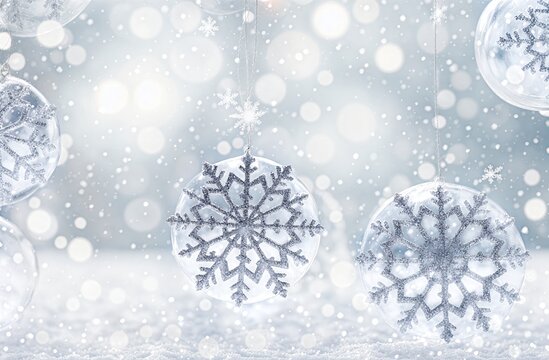 Christmas snowflake ornaments and crystal spheres hang amidst a magical winter wonderland with a soft focus on sparkling snow. Generative AI