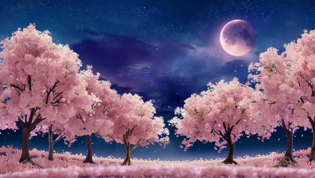anime Row of cherry blossom trees, moon and night cherry blossoms animation video.