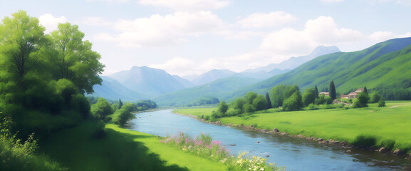 Summer landscape with green trees in the valley near the river against the backdrop of mountains on a sunny day - Powered by Adobe