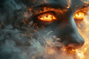 Womans Face Engulfed in Fire and Smoke - obrazy, fototapety, plakaty