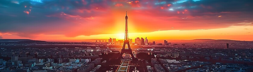 Paris dusk, Eiffel Tower silhouette, wide view, romantic hues for a charming wallpaper , high-resolution - obrazy, fototapety, plakaty