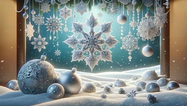 A Christmas winter scene, featuring an array of snowflake decorations and baubles amidst gently falling snow. Generative AI