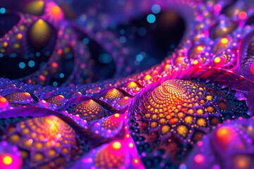 Fototapeta premium A close-up image of a vibrant purple and yellow flower, showcasing its intricate details and colors, A hypnotic pattern of glowing fractals in vibrant colors, AI Generated