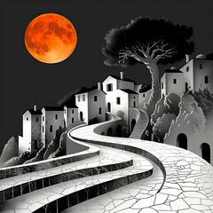 Illustration of a small village on a hill at night
