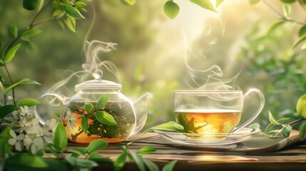 Hot tea drink in cup with teapot and green tea leaves in nature background. AI generated image