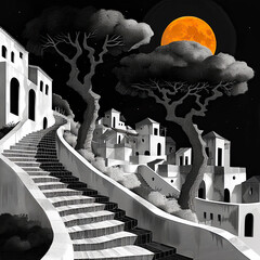 Illustration of a charming village on a hill at night with an orange moon
