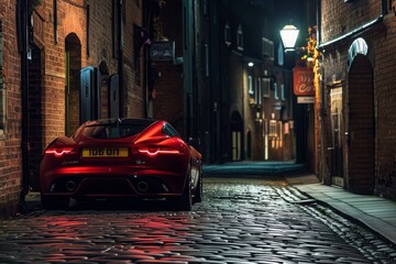 A red sports car is parked on a historic cobblestone street, showcasing its vibrant color against...