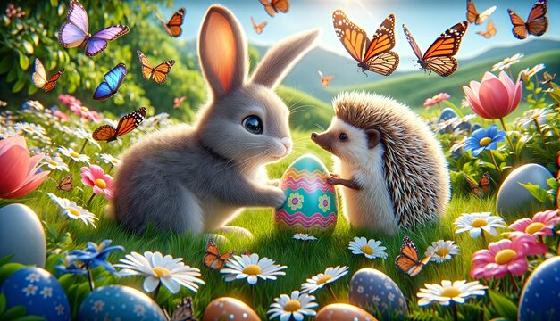 In a vibrant spring meadow, a bunny and hedgehog share a whimsical moment with colorful butterflies fluttering around and Easter eggs hidden among the flowers. Generative AI