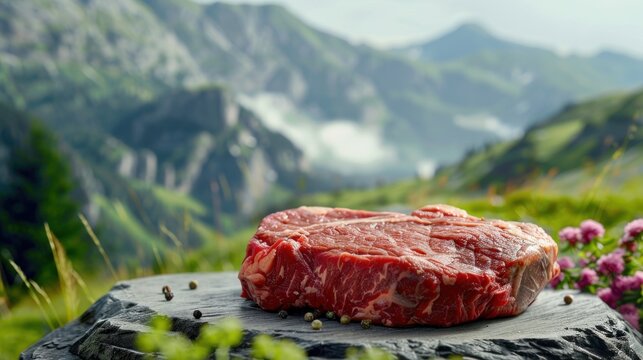 Raw rib eye beef steak on the nature mountain background. AI generated image