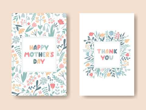 Mother's Day cute floral background set. Colorful blooming square Frames with wishes for mom. Template for design greeting card, invitation, flyer, sale poster, banner
