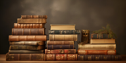 Pile of old books on wooden table Vintage style toned picture