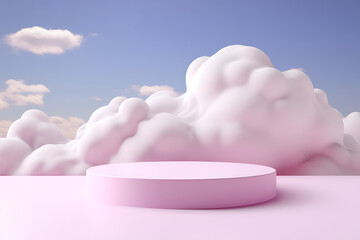 Round pink podium mockup for product presentation among fluffy clouds