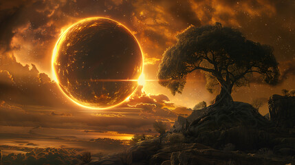 Spectacular surreal scene of astronomical event. Total solar eclipse over a rural area in an apocalyptic environment with thick, red-tinged clouds. Historical event.