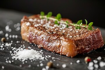 Piece of Steak With Sprigs of Parmesan Sprinkled On, A juicy New York Strip steak accompanied by a sprinkle of sea salt and pepper, AI Generated