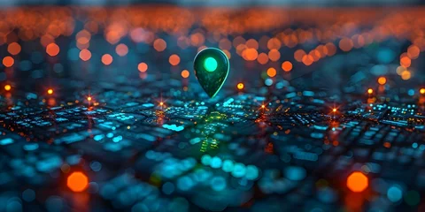Fotobehang Navigating Urban Destinations: A Green Map Pin in a Cityscape Network. Concept Sustainable Travel, Eco-Friendly Cities, Urban Exploration, Green Transportation, Local Culture © Ян Заболотний