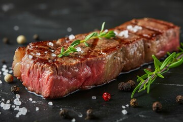 Piece of Steak on Black Surface, A juicy New York Strip steak accompanied by a sprinkle of sea salt and pepper, AI Generated