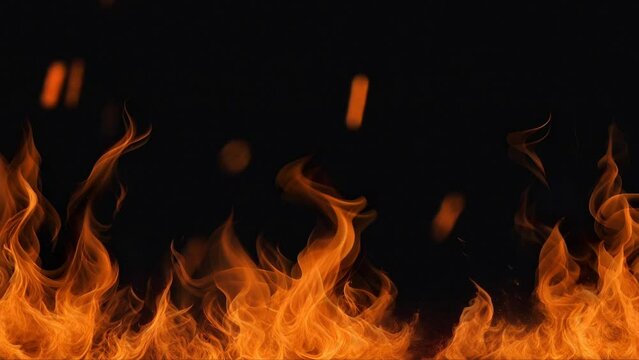 Highly Detail Fire Line Isolated On Black Background. Realistic Flames. Closeup of burning hot bonfire fire sparks. Fire Particles