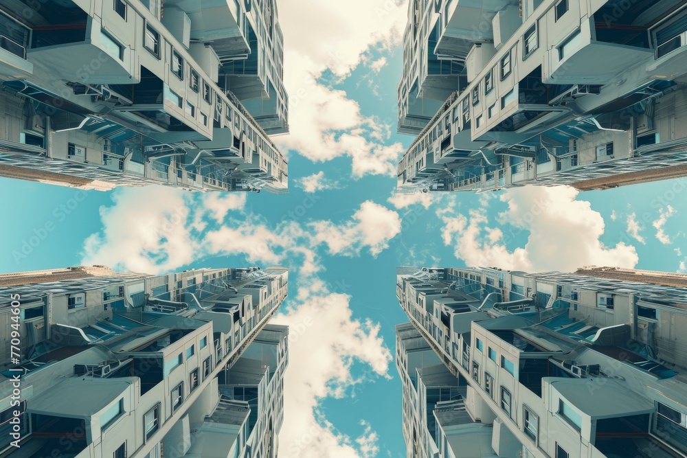 Poster this photo captures a towering building against a backdrop of the sky, a kaleidoscopic image represe