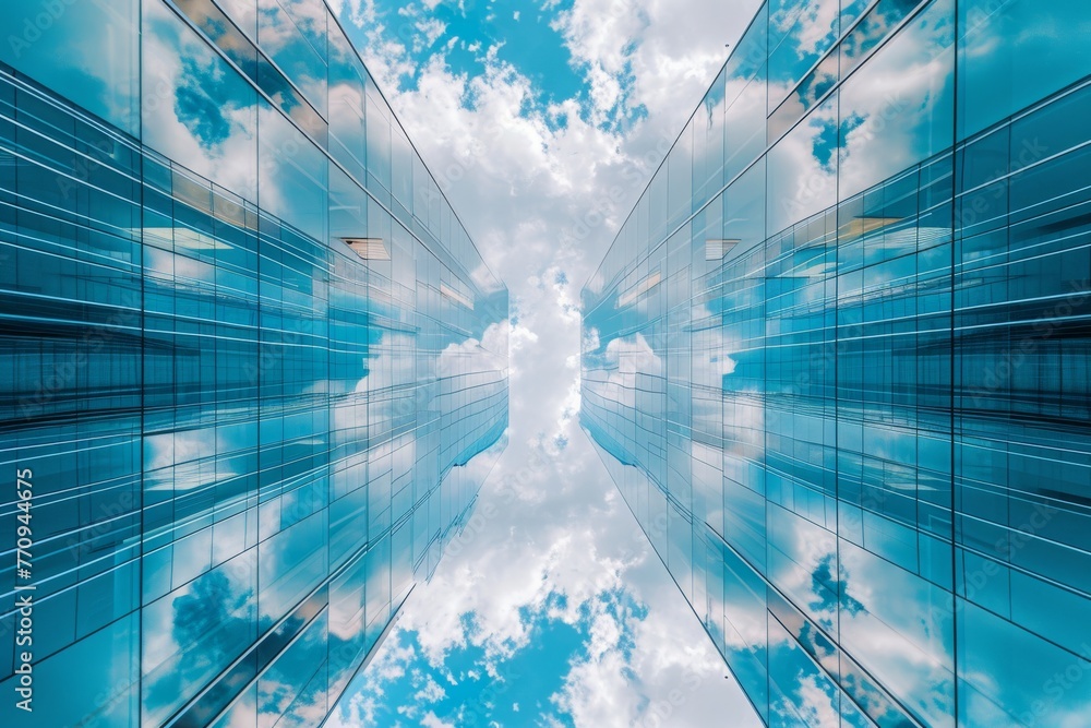 Poster a photo of a very tall building reaching into the sky, surrounded by clouds, a kaleidoscopic image r