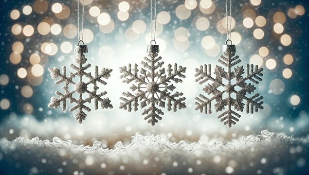 Three glittering snowflake ornaments suspended over a snowy surface, set against a winter bokeh background. Generative AI
