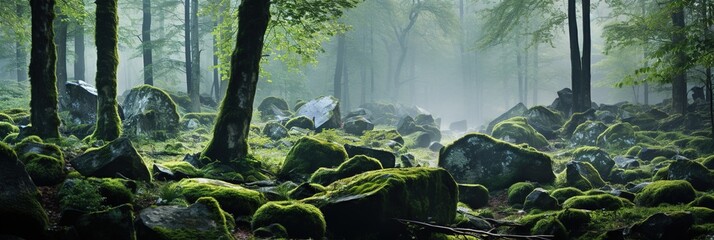 The dense, slumberous forest with trees among moss-covered stones in the morning mist - obrazy, fototapety, plakaty