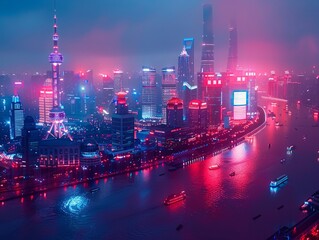 Shanghai lights, night view, neon glow, wide lens for a futuristic city wallpaper , photographic style