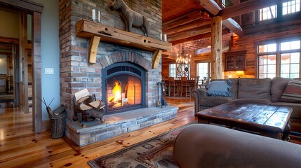 A beautiful cozy fireplace with natural brick a wood mantle and hardwood floors