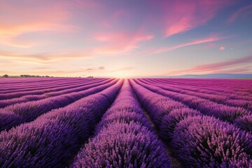A breathtaking view of a field filled with lavender flowers, as the sun sets in the background, A landscape of a stunning lavender field beneath a clear twilight sky, AI Generated