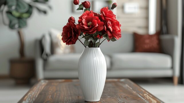 White Vase with red peony flowers in living room decoration. AI generated image