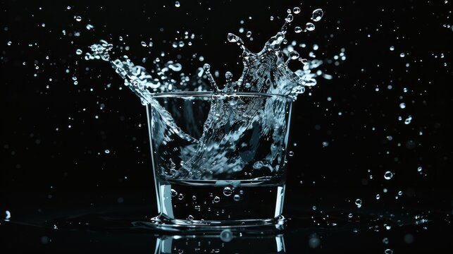 Transparent pure water splashes out of glass on black background. AI generated image