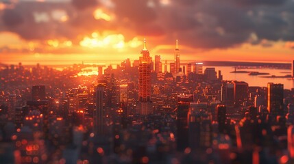 Sunset over Manhattan, warm hues, wide lens for a majestic city skyline wallpaper , octane render - obrazy, fototapety, plakaty