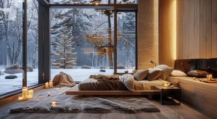 Modern bedroom with large windows, winter landscape outside, cozy bed in the center of room, soft fluffy blanket on top and pillows