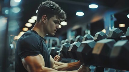 Happy attractive sports man athlete work out with dumbbells at gym sport center. AI generated image - obrazy, fototapety, plakaty