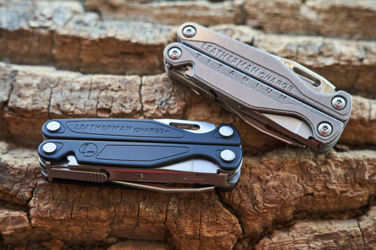 Lviv, Ukraine - February 11, 2024 : Close up photo of multitool leatherman charge and charge TTI