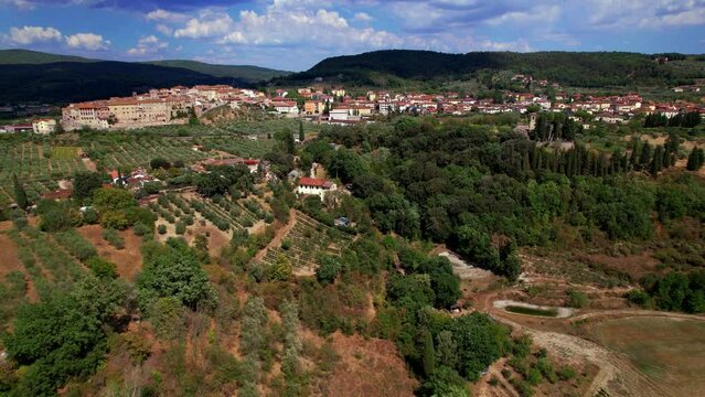 Tuscany , Italy. Aerial drone video of scenic village and spa resort Rapolano Terme. famous for hot springs thermal waters