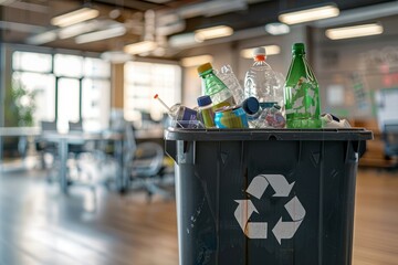 A closeup shot showing a recycling bin in a corporate office overflowing with plastic bottles and paper waste