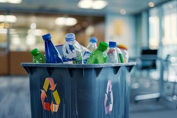 A closeup of a recycling bin in a corporate office overflowing with water bottles, showcasing the environmental impact of plastic waste